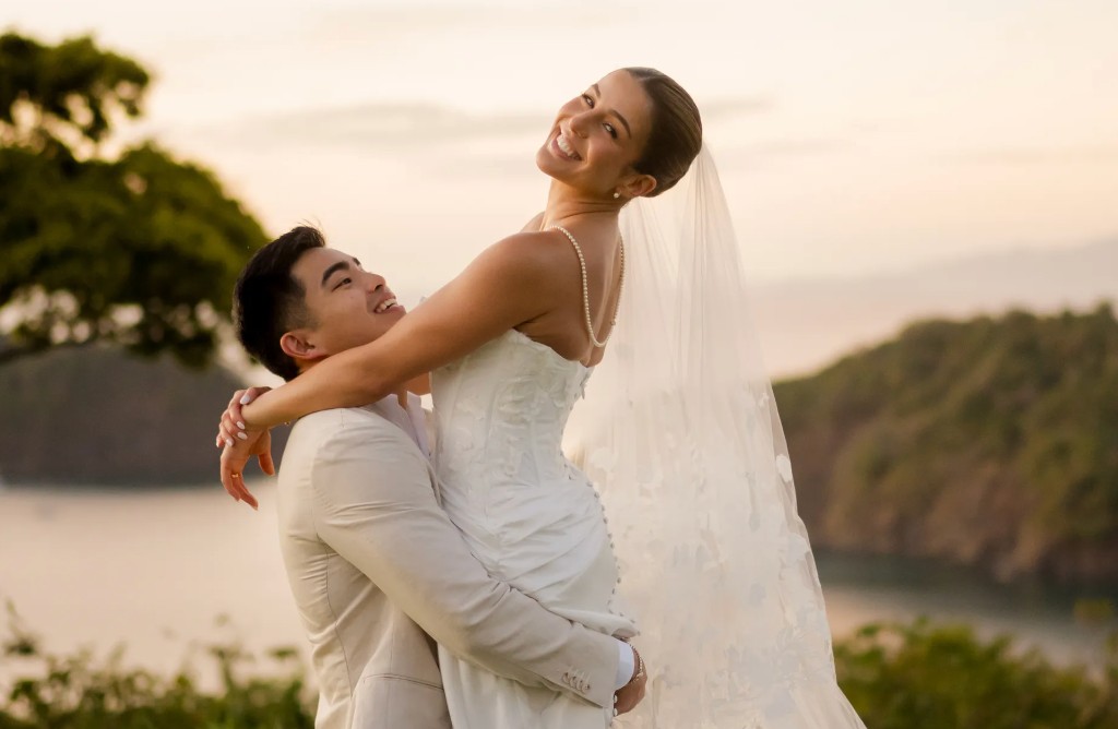 Wedding couple at sunset.